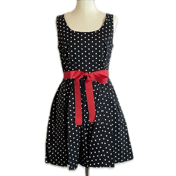 Elle Dresses & Skirts - NWT Elle black and white polka dot fit and flare dress with red bow belt